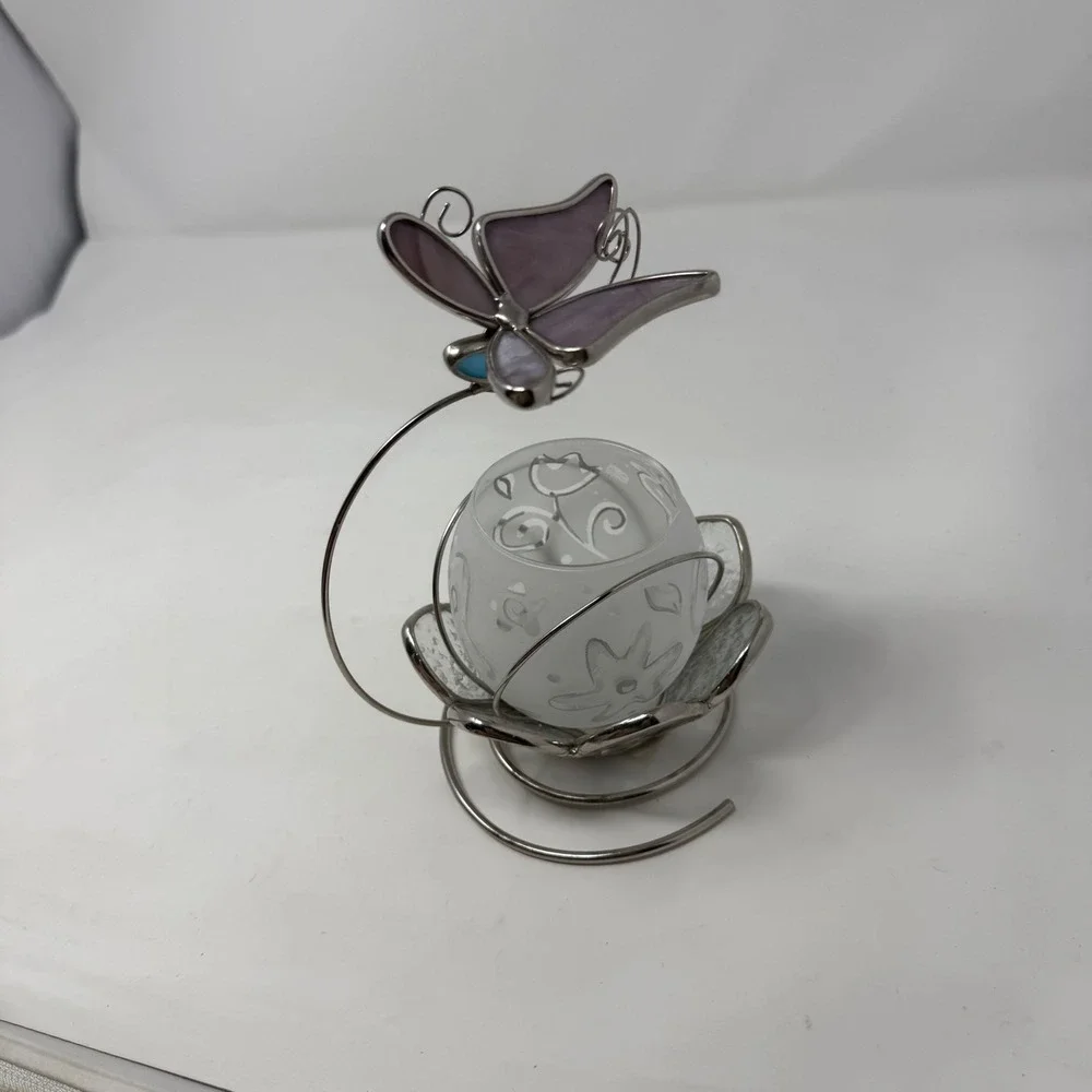 Stained Glass Butterfly Votive Candle Holder Frosted Floral Glass Purple Blue 7